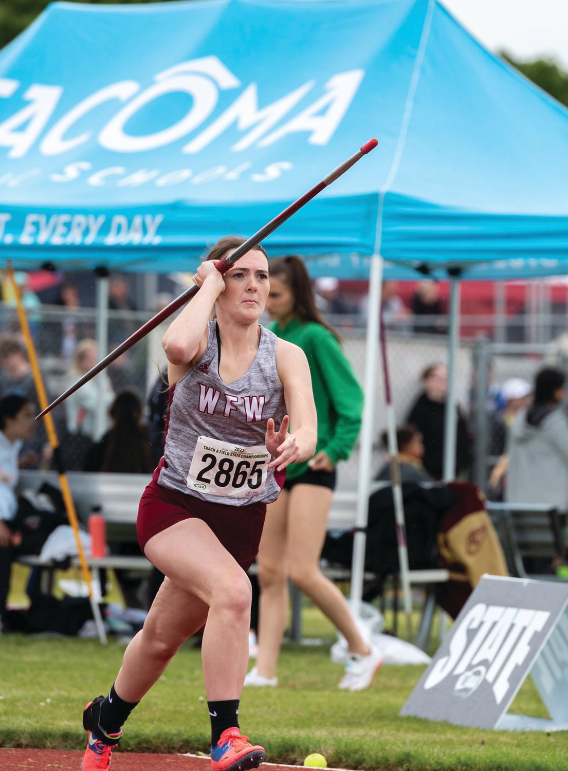 W.F. West's Kambriah Simper readies her run up on an attempt at the 2A Girls Javelin at the 2A/3A/4A State Track and Field Championships on Thursday, May 26, 2022, at Mount Tahoma High School in Tacoma. (Joshua Hart/For The Chronicle)